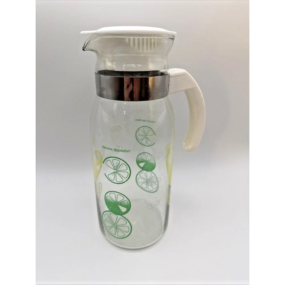 Vintage Pyrex Lemon Lime Pitcher Carafe Lid Strainer 1 Qt Welcome Degustation